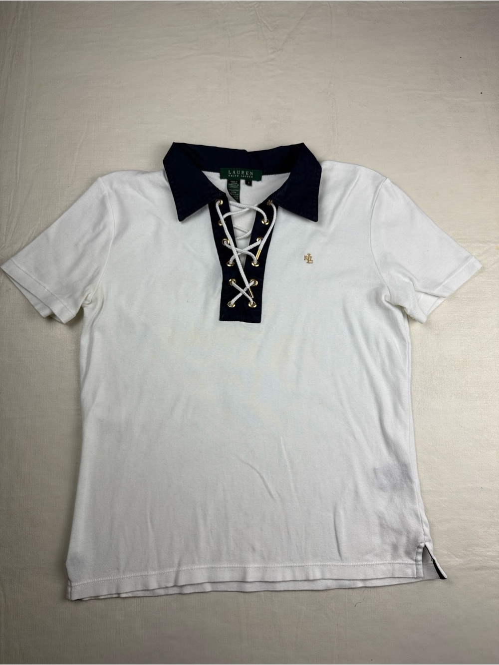 Lauren Ralph Lauren White Polo Navy Collar Gold Logo Eyelets Size S